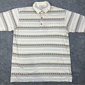 Palmland Classics Polo Men L Beige Wing Collar Button Stripe Knit Cotton Golf